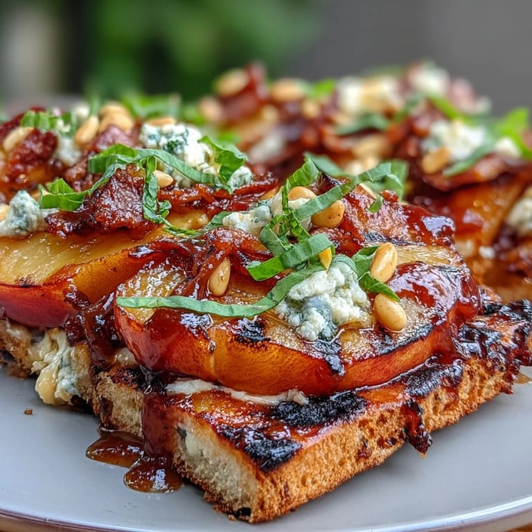 Summery grilled peach and Brie flatbread with BBQ sauce, fresh arugula, and a drizzle of honey.
