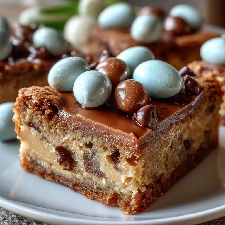 Chewy peanut butter cookie bars loaded with Easter egg candies and topped with extra chocolate for a festive spring treat.