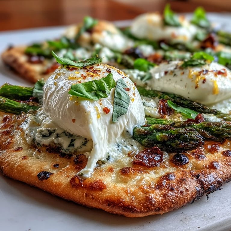 Vibrant Roasted Asparagus Flatbread topped with melting burrata and bright lemon.