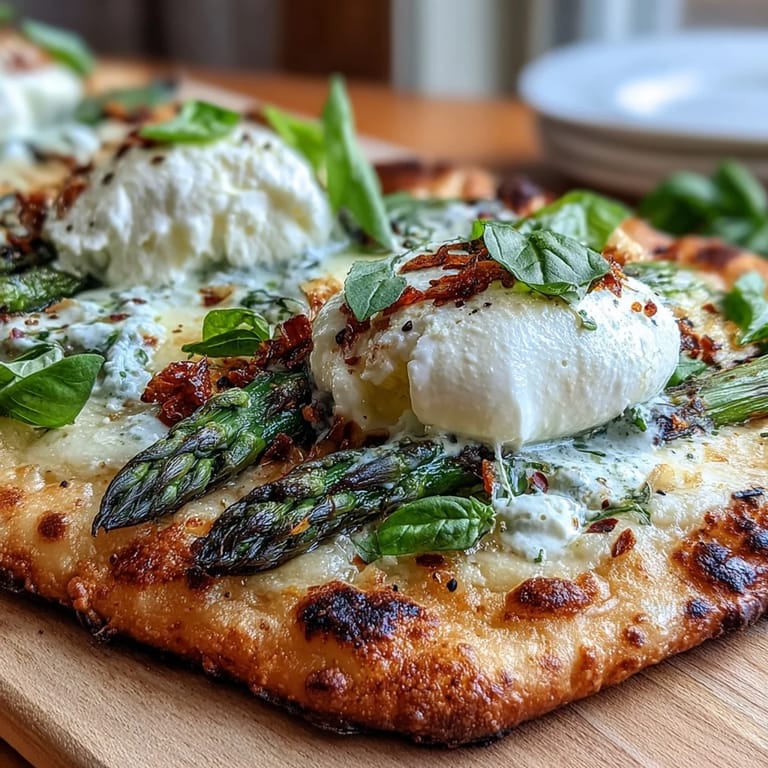 Easy Italian-inspired flatbread with roasted asparagus, burrata, and fresh basil.