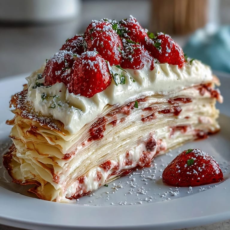 Elegant Mother's Day Crêpe Cake with fresh berry mascarpone filling.