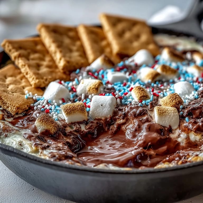 Festive 4th of July S'mores Dip, a chocolatey marshmallow delight for dipping.