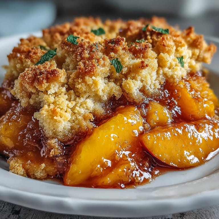 Savory-sweet peach cobbler topped with golden, crumbly biscuit mounds.