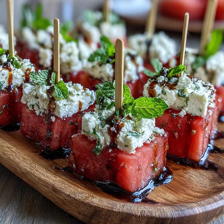Vibrant watermelon feta bites, artfully arranged with fresh mint, delightful summer treat.