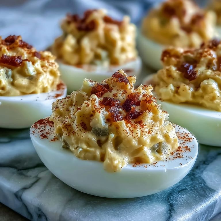 Fluffy sweet pickle relish deviled eggs, garnished with paprika and chives.