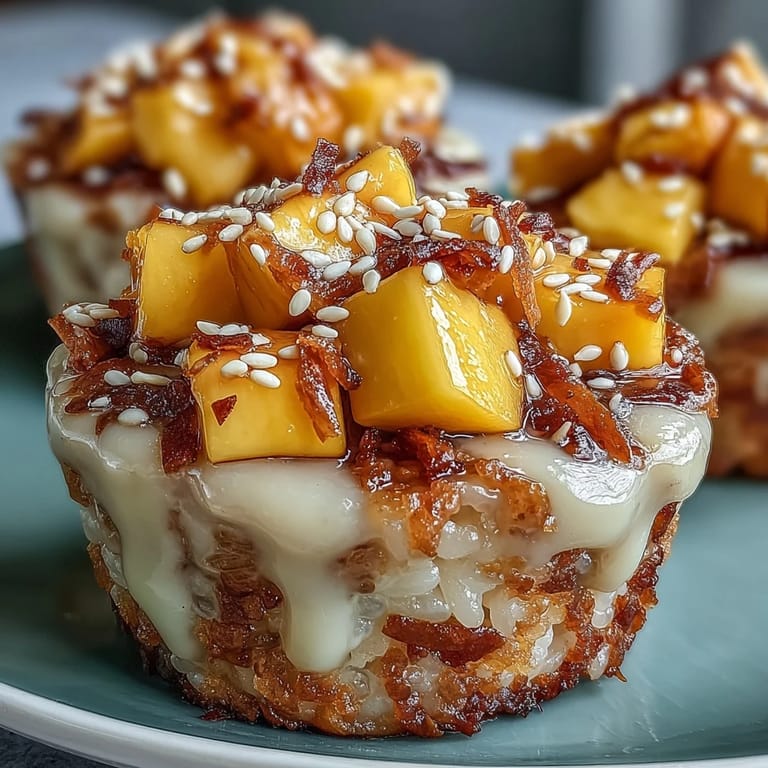 Individual Coconut Mango Sticky Rice Cups overflowing with fresh, juicy mango slices.