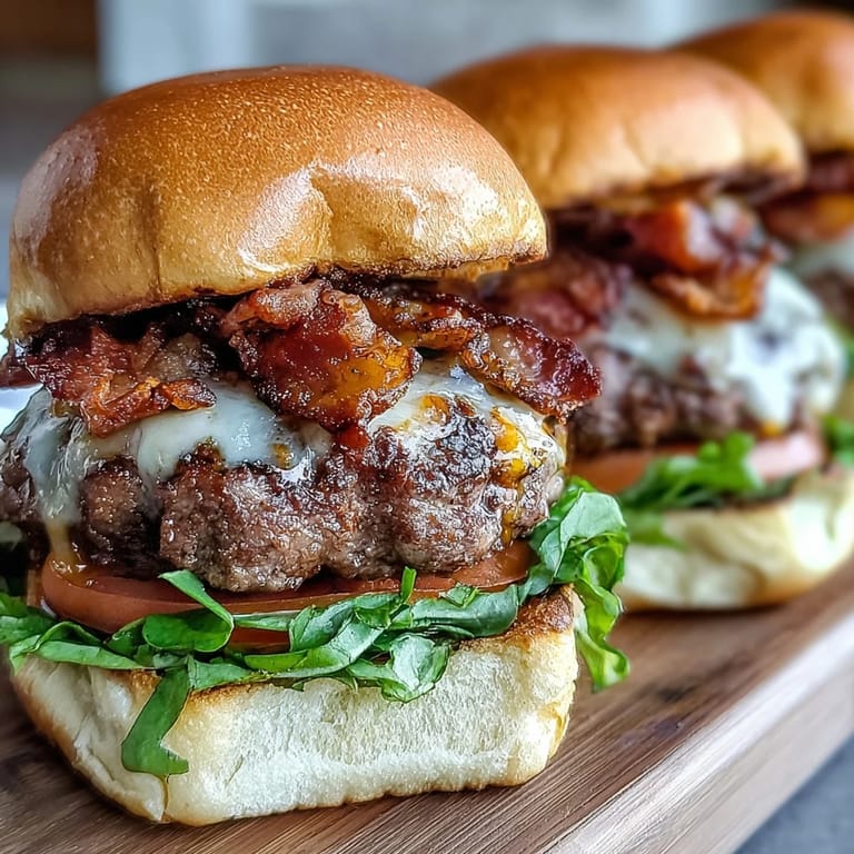 Melted cheese oozes over crispy bacon on these perfect Father's Day sliders.
