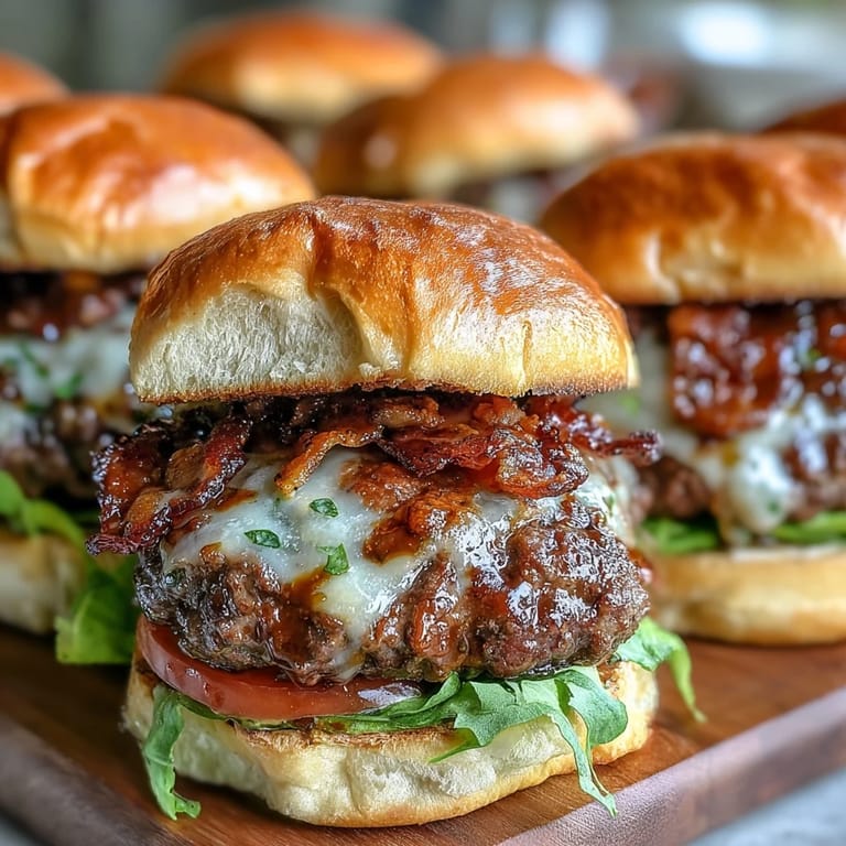 Savory grilled Father's Day burger sliders piled high with fresh toppings.