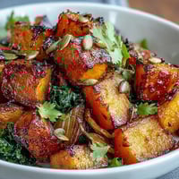 Golden roasted red kuri squash cubes glisten with maple syrup and spices in this warm, inviting bowl.