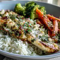 Flaky herb-baked tilapia fillet on fluffy white rice with steamed broccoli and carrots.