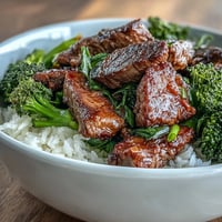 Tender strips of marinated beef and bright green broccoli piled high over fluffy jasmine rice in a Beef and Broccoli Bowl.