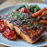 Sheet pan salmon and veggies bowl with tender salmon fillets and roasted seasonal vegetables, drizzled with lemon and herbs.  