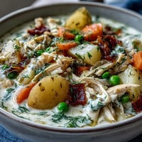 Creamy Slow Cooker Chicken Pot Pie Soup with tender chicken, potatoes, carrots, and peas in a rich, comforting broth—perfect for a cozy family dinner.