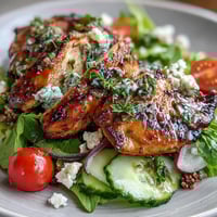 Grilled chicken and veggie bowl with lemon vinaigrette, packed with fresh vegetables and juicy chicken slices.  