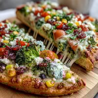 Vibrant St. Patricks Day Rainbow Veggie Flatbread Pizza with colorful fresh vegetables arranged in a festive rainbow pattern.