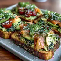 A colorful brunch board with creamy avocado spread, smoked salmon, and fresh toppings on toasted sourdough bread.
