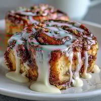Decadent Cinnamon Roll Pancake Casserole with swirls of cinnamon sugar and a rich cream cheese glaze.