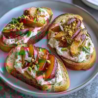 Honey Peach Burrata Toast with golden peaches and creamy burrata drizzled with honey on rustic sourdough bread.