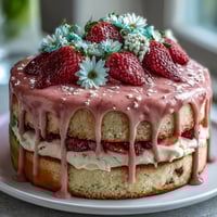 Vibrant Spring Cake with Floral White Chocolate Drip and Fresh Strawberries