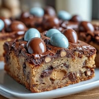 Peanut Butter Easter Egg Cookie Bars with colorful candies and gooey chocolate chips, baked to golden perfection.