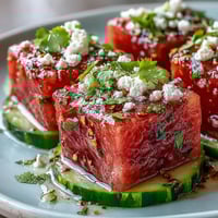 Vibrant Watermelon Cucumber Salad with Tajin and Lime, bursting with fresh flavor.