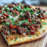Turkish Lahmacun Pizza: crispy flatbread with savory lamb, sumac, and fresh garnishes.