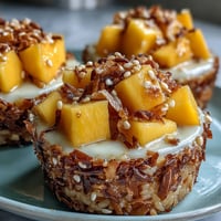 Delectable Coconut Mango Sticky Rice Cups, creamy and topped with sweet, vibrant fruit.