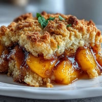Warm peach cobbler with bubbling, golden biscuit topping, a Southern delight.